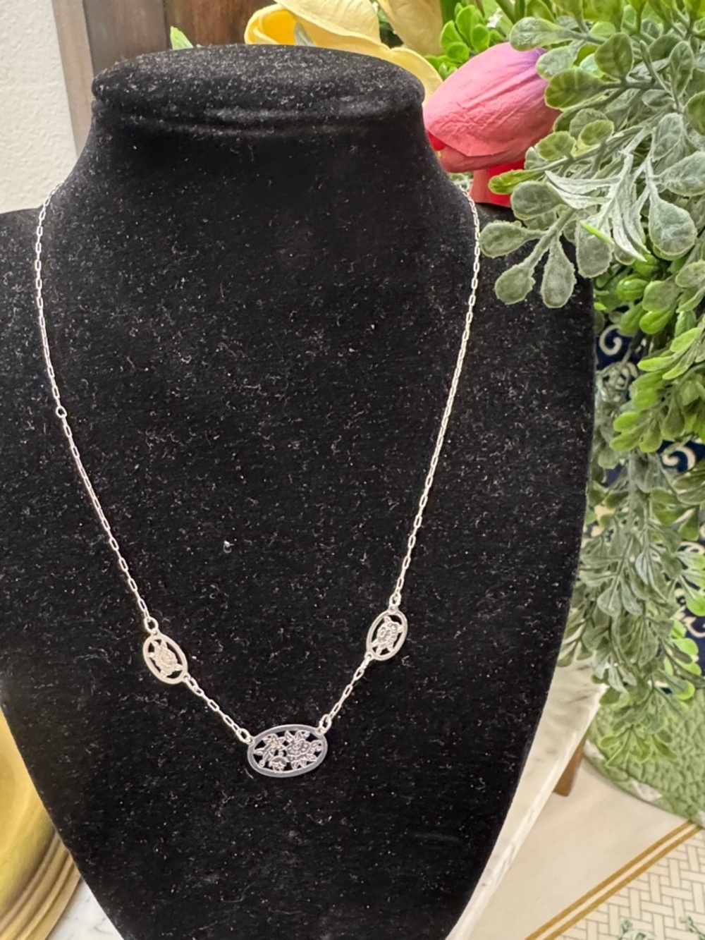 Avon Silver-Tone Filigree Oval Pendant Necklace